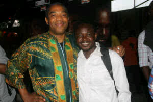 Femi Kuti and Abiola Alaba Peters (HipHopMix Magazine) at the African Shrine, Lagos, Nigeria
