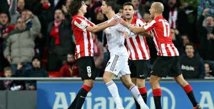 Cristiano Ronaldo confronts Athletic Bilbao's Ander Iturraspe on his way to being dismissed. Photograph: Manuel Blondeau/Corbis