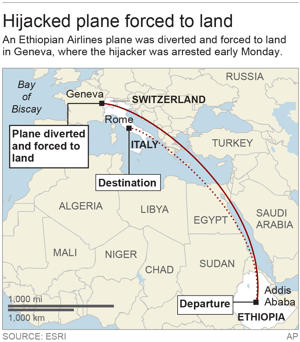 Ethiopian plane hijacked to Geneva by co-pilot