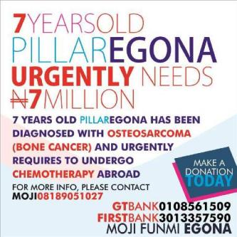 #HumanitarianHelp: 7yr old Nigerian;Pillar Egona diagnosed with Osteo Sarcoma & needs financial assistance