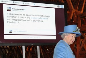 Britain's Queen Elizabeth sends her first Tweet during a visit to the 'Information Age' Exhibition at the Science Museum, in London October 24, 2014. Credit: REUTERS/Chris Jackson/Pool
