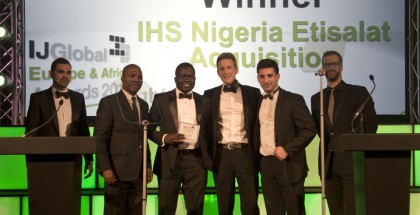 2nd left-3rd right: Vincent Eromosele (Head-Legal Services), Seun Oshitade (Head-Strategy) and Philip Rhys (Group Chief Commercial Officer-IHS Africa) receiving the award
