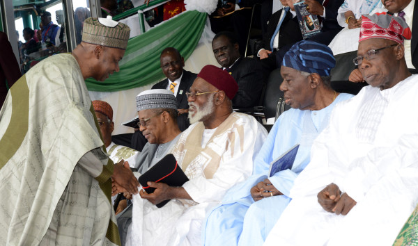 PIC.3. FROM LEFT:FORMER VICE PRESIDENT NAMADI SAMBO; FORMER HEAD OF STATE, GEN. IBRAHIM BABANGIDA; FORMER HEAD OF  STATE, GEN. ABDULSALAMI ABUBAKAR; FORMER HEAD OF INTERIM GOVERNMENT, CHIEF ERNEST SHONEKAN AND FORMER PRESIDENT  OLUSEGUN OBASANJO, DURING THE INAUGURATION OF PRESIDENT  MUHAMMADU BUHARI IN ABUJA ON FRIDAY (29/5/15). 2816/29/5/2015/ISE/CH/NAN